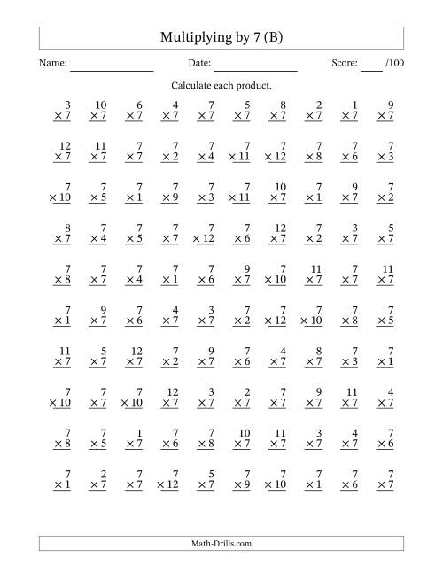The Multiplying (1 to 12) by 7 (100 Questions) (B) Math Worksheet