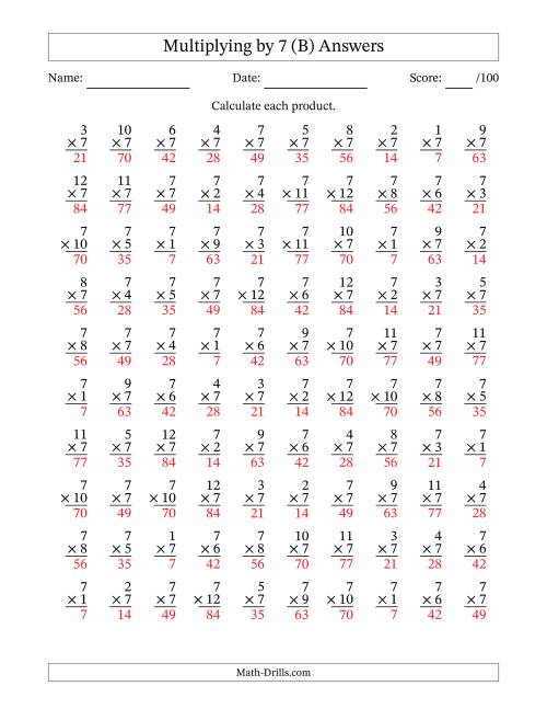 The Multiplying (1 to 12) by 7 (100 Questions) (B) Math Worksheet Page 2