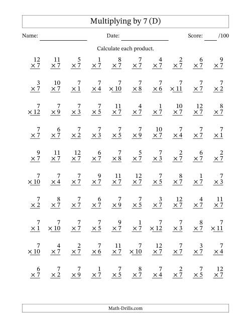 The Multiplying (1 to 12) by 7 (100 Questions) (D) Math Worksheet