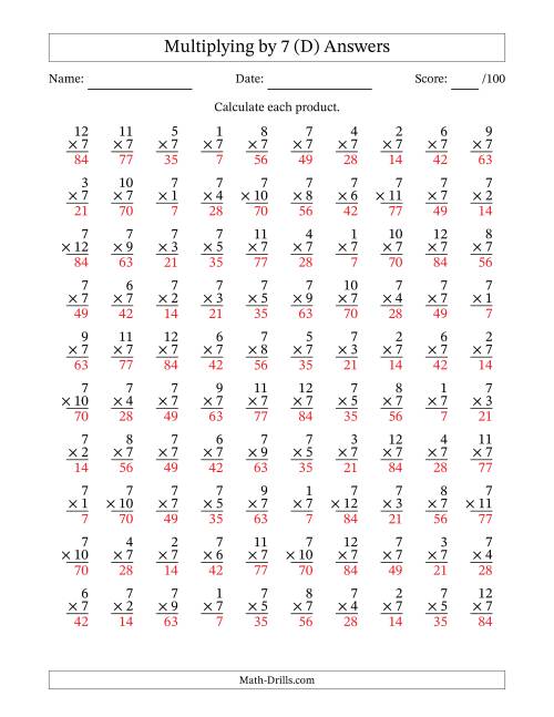 The Multiplying (1 to 12) by 7 (100 Questions) (D) Math Worksheet Page 2