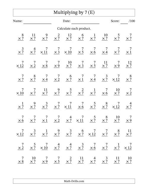 The Multiplying (1 to 12) by 7 (100 Questions) (E) Math Worksheet