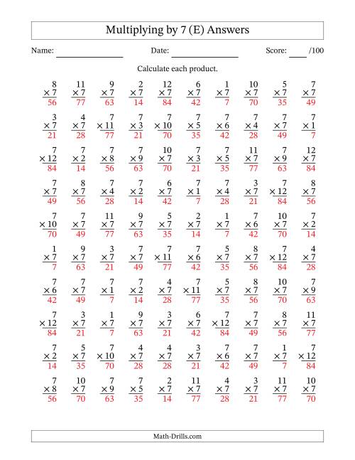 The Multiplying (1 to 12) by 7 (100 Questions) (E) Math Worksheet Page 2