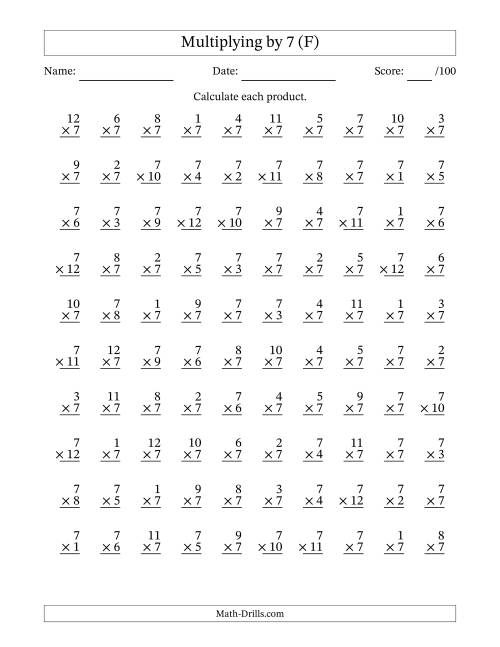 The Multiplying (1 to 12) by 7 (100 Questions) (F) Math Worksheet