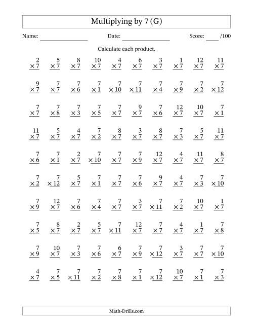 The Multiplying (1 to 12) by 7 (100 Questions) (G) Math Worksheet