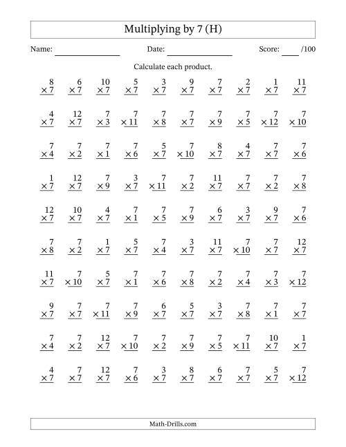 The Multiplying (1 to 12) by 7 (100 Questions) (H) Math Worksheet