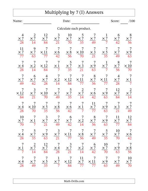 Multiplying by Seven (7) with Factors 1 to 12 (100 Questions) (I)