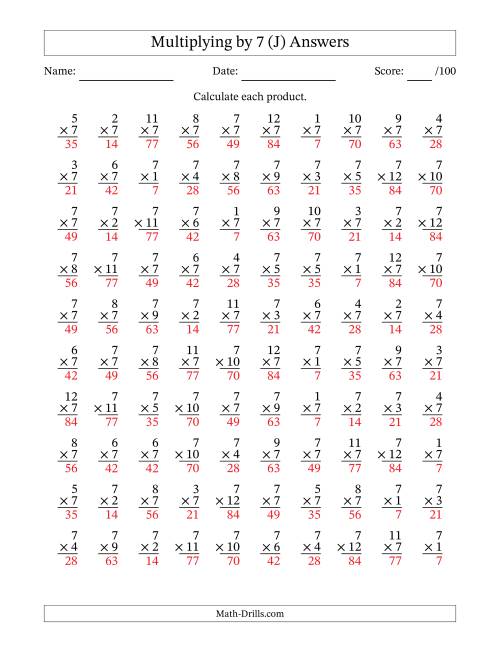 The Multiplying (1 to 12) by 7 (100 Questions) (J) Math Worksheet Page 2