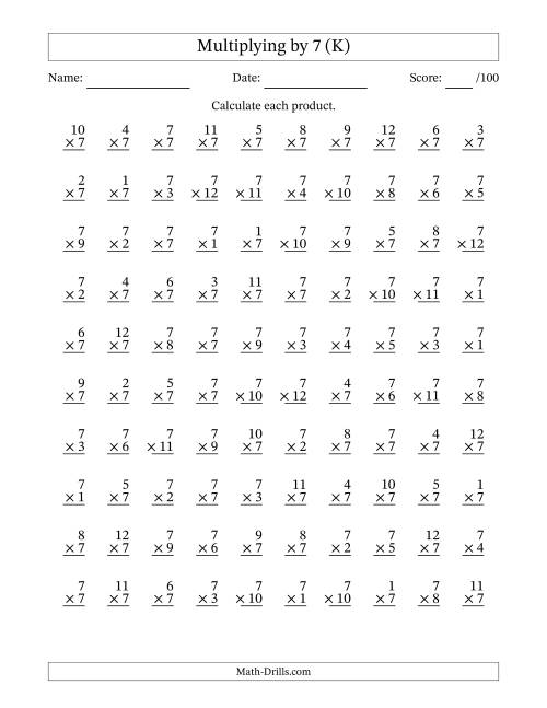 The Multiplying (1 to 12) by 7 (100 Questions) (K) Math Worksheet