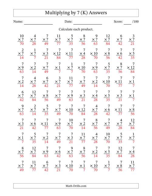 The Multiplying (1 to 12) by 7 (100 Questions) (K) Math Worksheet Page 2