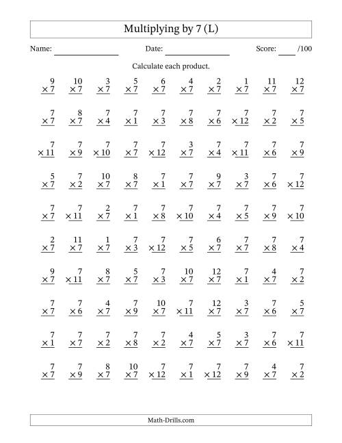 The Multiplying (1 to 12) by 7 (100 Questions) (L) Math Worksheet
