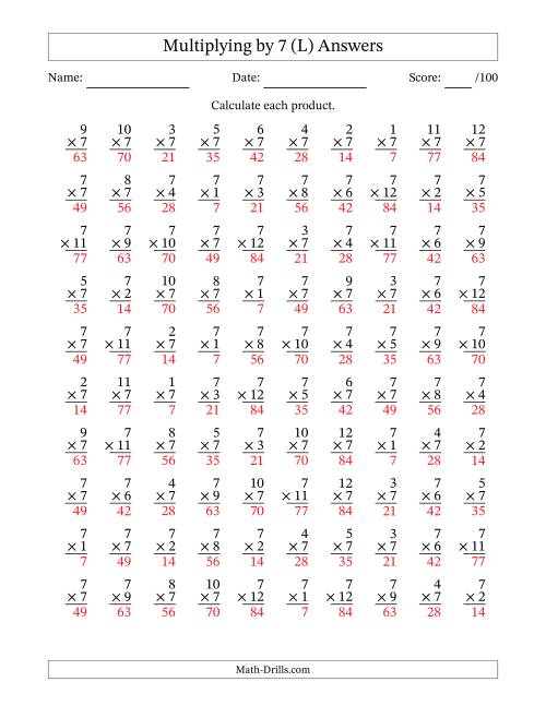 The Multiplying (1 to 12) by 7 (100 Questions) (L) Math Worksheet Page 2