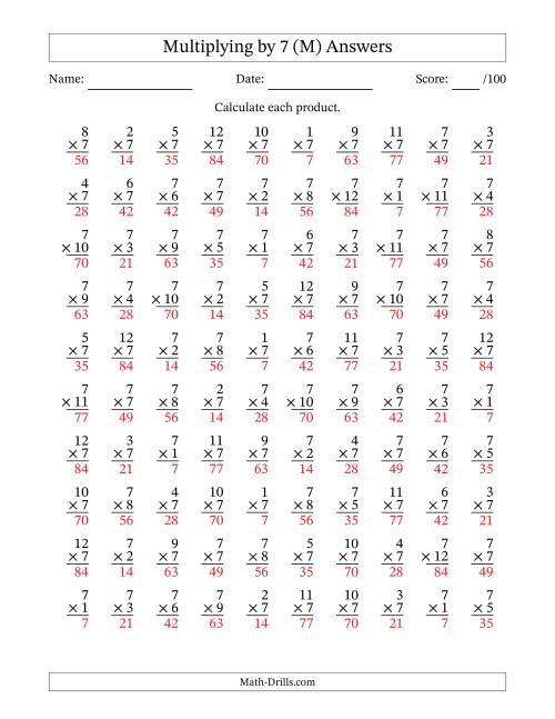The Multiplying (1 to 12) by 7 (100 Questions) (M) Math Worksheet Page 2