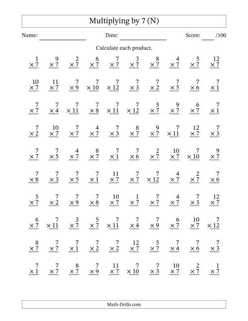 The Multiplying (1 to 12) by 7 (100 Questions) (N) Math Worksheet