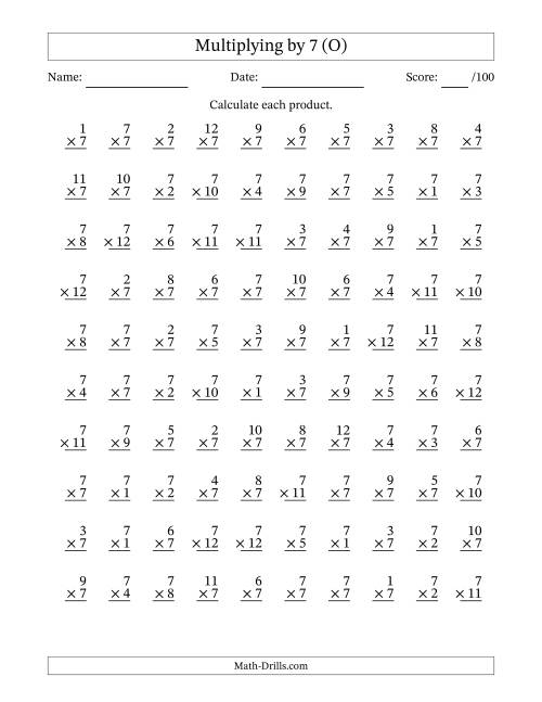 The Multiplying (1 to 12) by 7 (100 Questions) (O) Math Worksheet