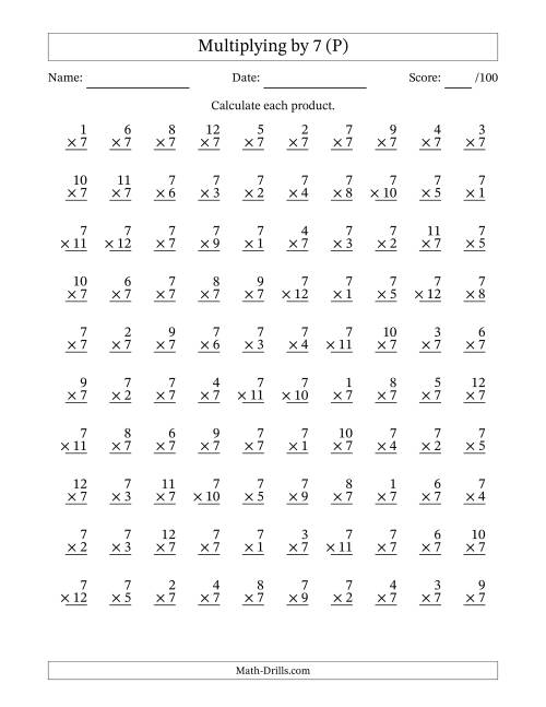 The Multiplying (1 to 12) by 7 (100 Questions) (P) Math Worksheet