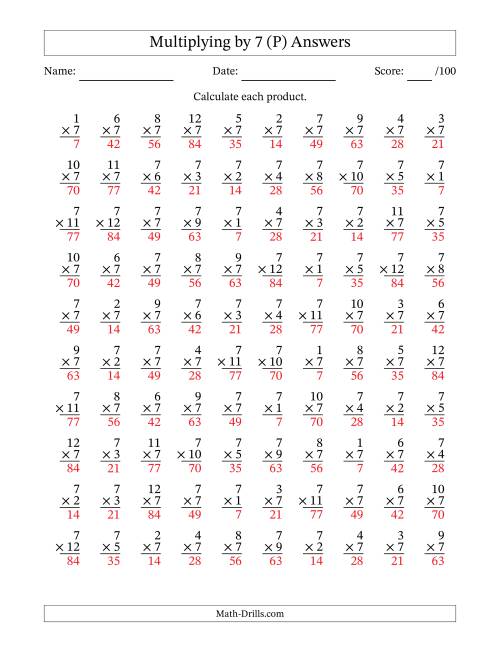 The Multiplying (1 to 12) by 7 (100 Questions) (P) Math Worksheet Page 2