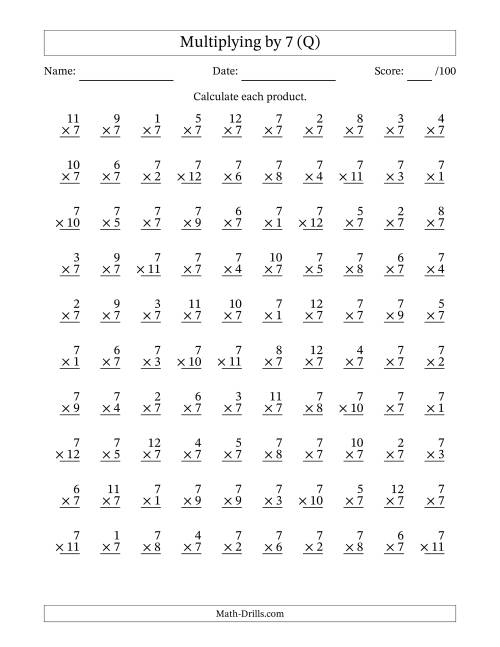 The Multiplying (1 to 12) by 7 (100 Questions) (Q) Math Worksheet