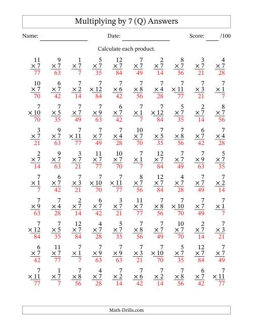 The Multiplying (1 to 12) by 7 (100 Questions) (Q) Math Worksheet Page 2
