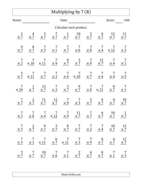 The Multiplying (1 to 12) by 7 (100 Questions) (R) Math Worksheet