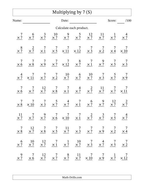 The Multiplying (1 to 12) by 7 (100 Questions) (S) Math Worksheet