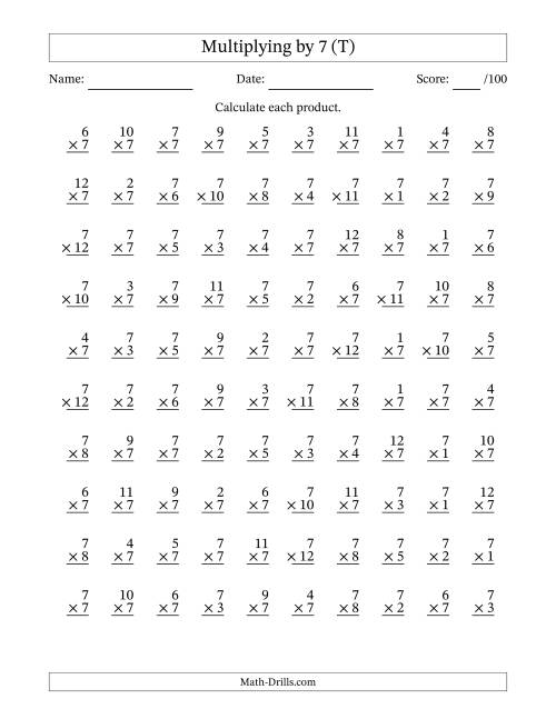 The Multiplying (1 to 12) by 7 (100 Questions) (T) Math Worksheet