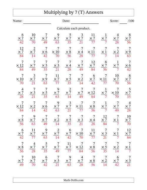 The Multiplying (1 to 12) by 7 (100 Questions) (T) Math Worksheet Page 2
