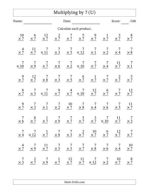 The Multiplying (1 to 12) by 7 (100 Questions) (U) Math Worksheet