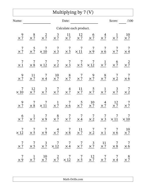 The Multiplying (1 to 12) by 7 (100 Questions) (V) Math Worksheet