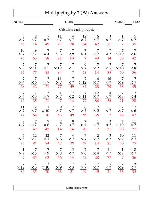 The Multiplying (1 to 12) by 7 (100 Questions) (W) Math Worksheet Page 2