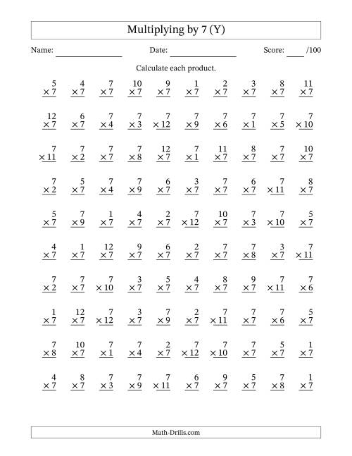 The Multiplying (1 to 12) by 7 (100 Questions) (Y) Math Worksheet