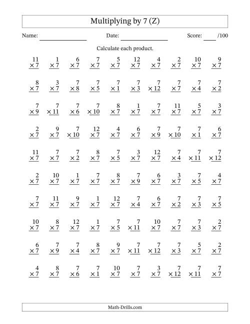 The Multiplying (1 to 12) by 7 (100 Questions) (Z) Math Worksheet