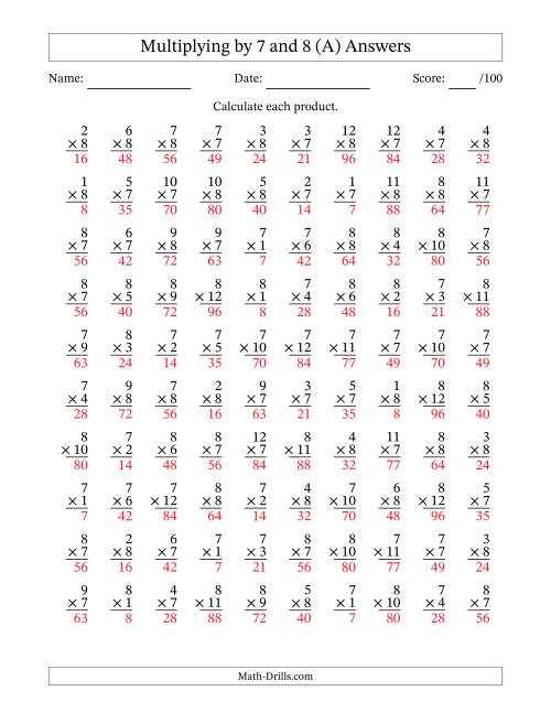 The Multiplying (1 to 12) by 7 and 8 (100 Questions) (A) Math Worksheet Page 2