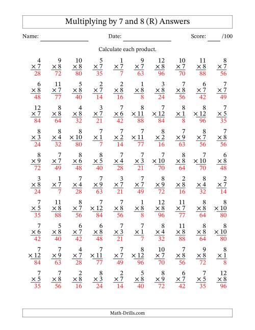 The Multiplying (1 to 12) by 7 and 8 (100 Questions) (R) Math Worksheet Page 2