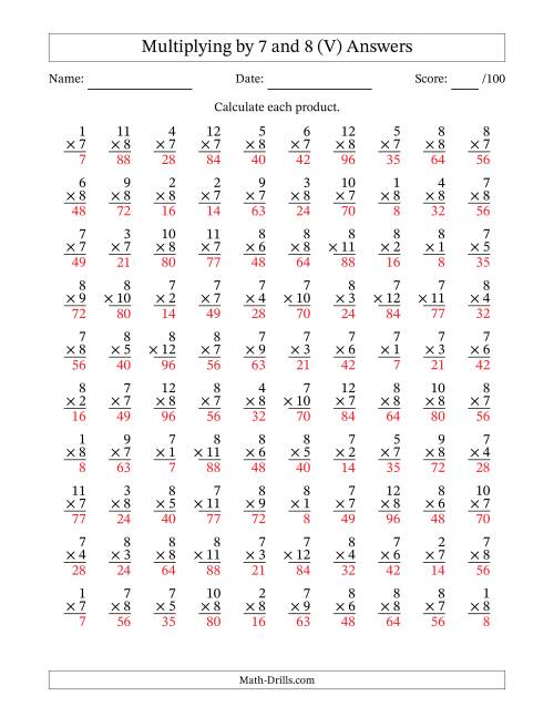 The Multiplying (1 to 12) by 7 and 8 (100 Questions) (V) Math Worksheet Page 2