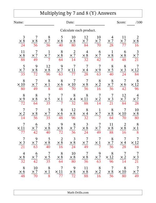 The Multiplying (1 to 12) by 7 and 8 (100 Questions) (Y) Math Worksheet Page 2