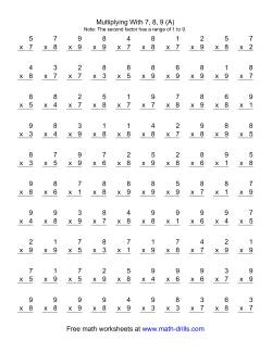 100 Vertical Questions -- Multiplication Facts -- 7-9 by 1-9