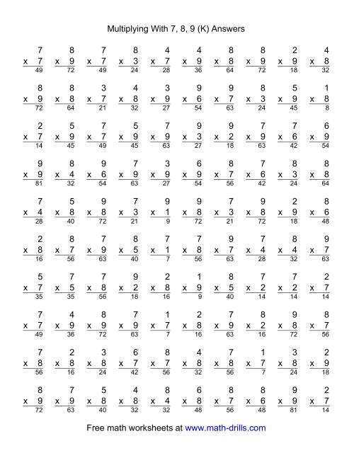 The 100 Vertical Questions -- Multiplication Facts -- 7-9 by 1-9 (K) Math Worksheet Page 2
