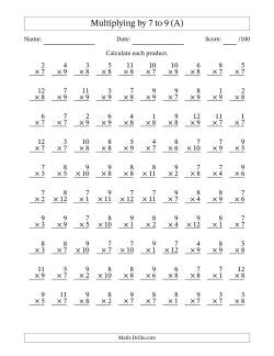 Multiplying (1 to 12) by 7 to 9 (100 Questions)