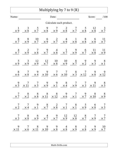 The Multiplying (1 to 12) by 7 to 9 (100 Questions) (R) Math Worksheet