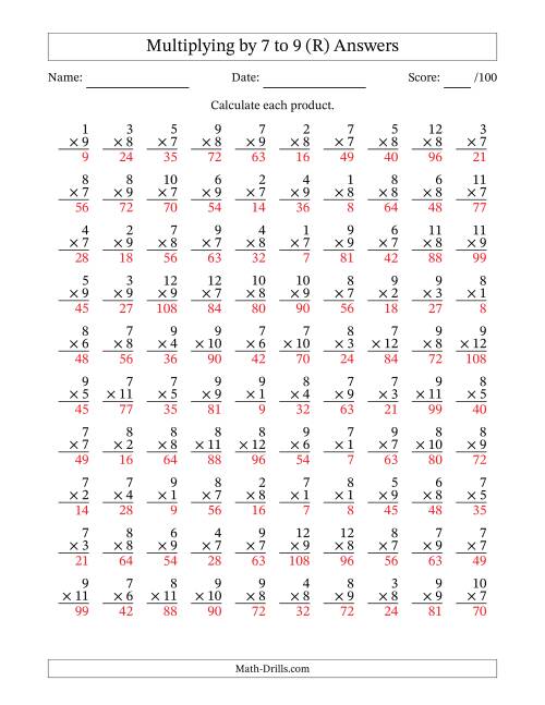 The Multiplying (1 to 12) by 7 to 9 (100 Questions) (R) Math Worksheet Page 2