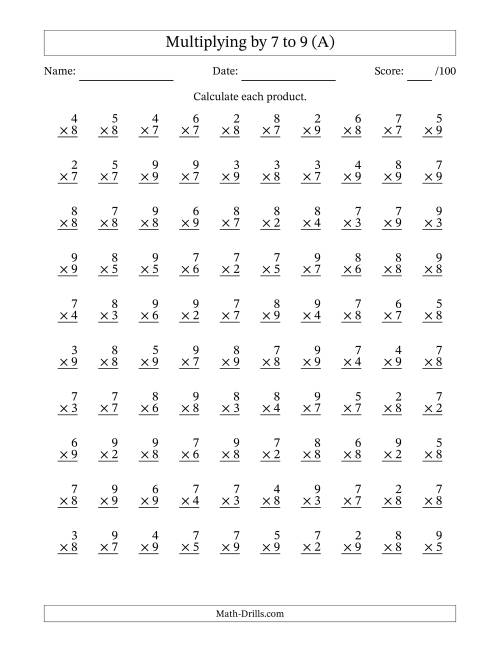 The Multiplying (2 to 9) by 7 to 9 (100 Questions) (A) Math Worksheet