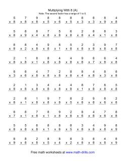 100 Vertical Questions -- Multiplication Facts -- 8 by 1-9