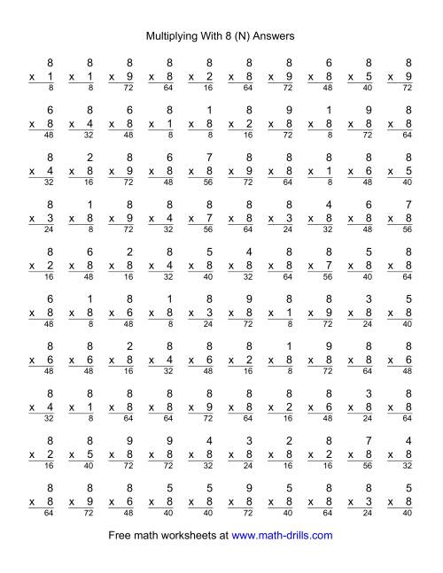 100 Vertical Questions -- Multiplication Facts -- 8 by 1-9 (N)