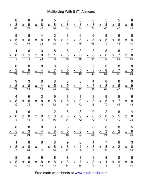 100 Vertical Questions -- Multiplication Facts -- 8 by 1-9 (T)