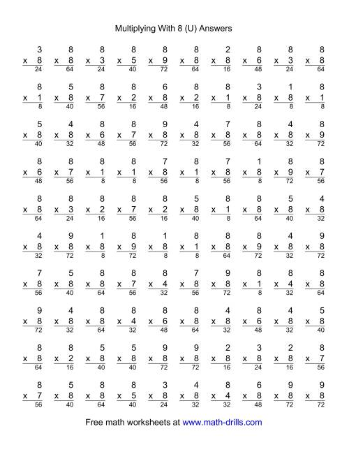 The 100 Vertical Questions -- Multiplication Facts -- 8 by 1-9 (U) Math Worksheet Page 2