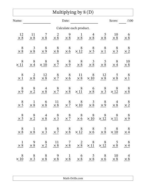 The Multiplying (1 to 12) by 8 (100 Questions) (D) Math Worksheet