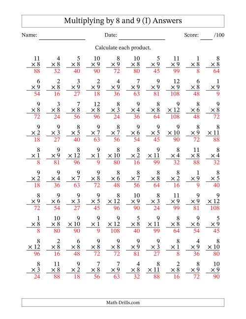 The Multiplying (1 to 12) by 8 and 9 (100 Questions) (I) Math Worksheet Page 2