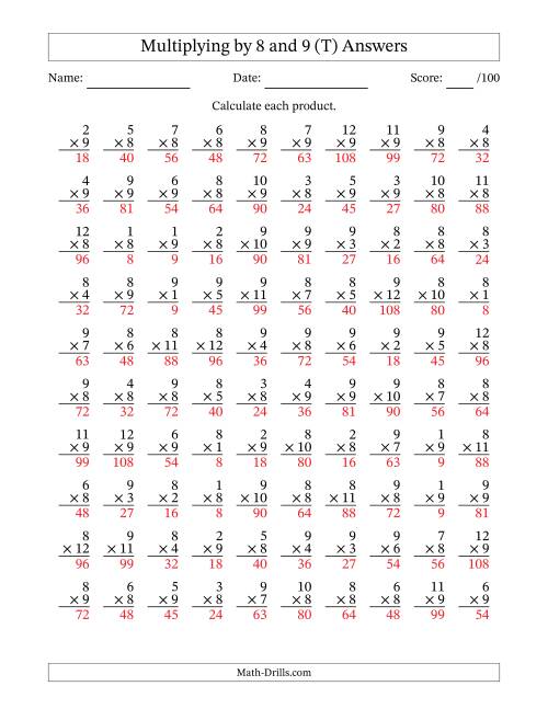 The Multiplying (1 to 12) by 8 and 9 (100 Questions) (T) Math Worksheet Page 2