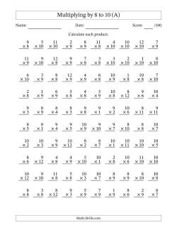 Multiplying (1 to 12) by 8 to 10 (100 Questions)