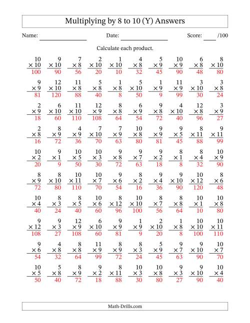 The Multiplying (1 to 12) by 8 to 10 (100 Questions) (Y) Math Worksheet Page 2